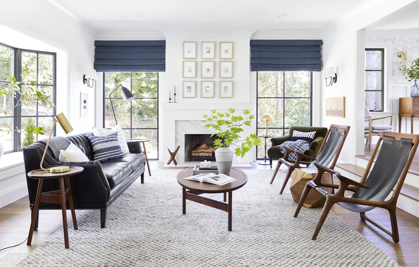 Photo wallpaper interior, fireplace, Portland, living room, Mid Century Modern