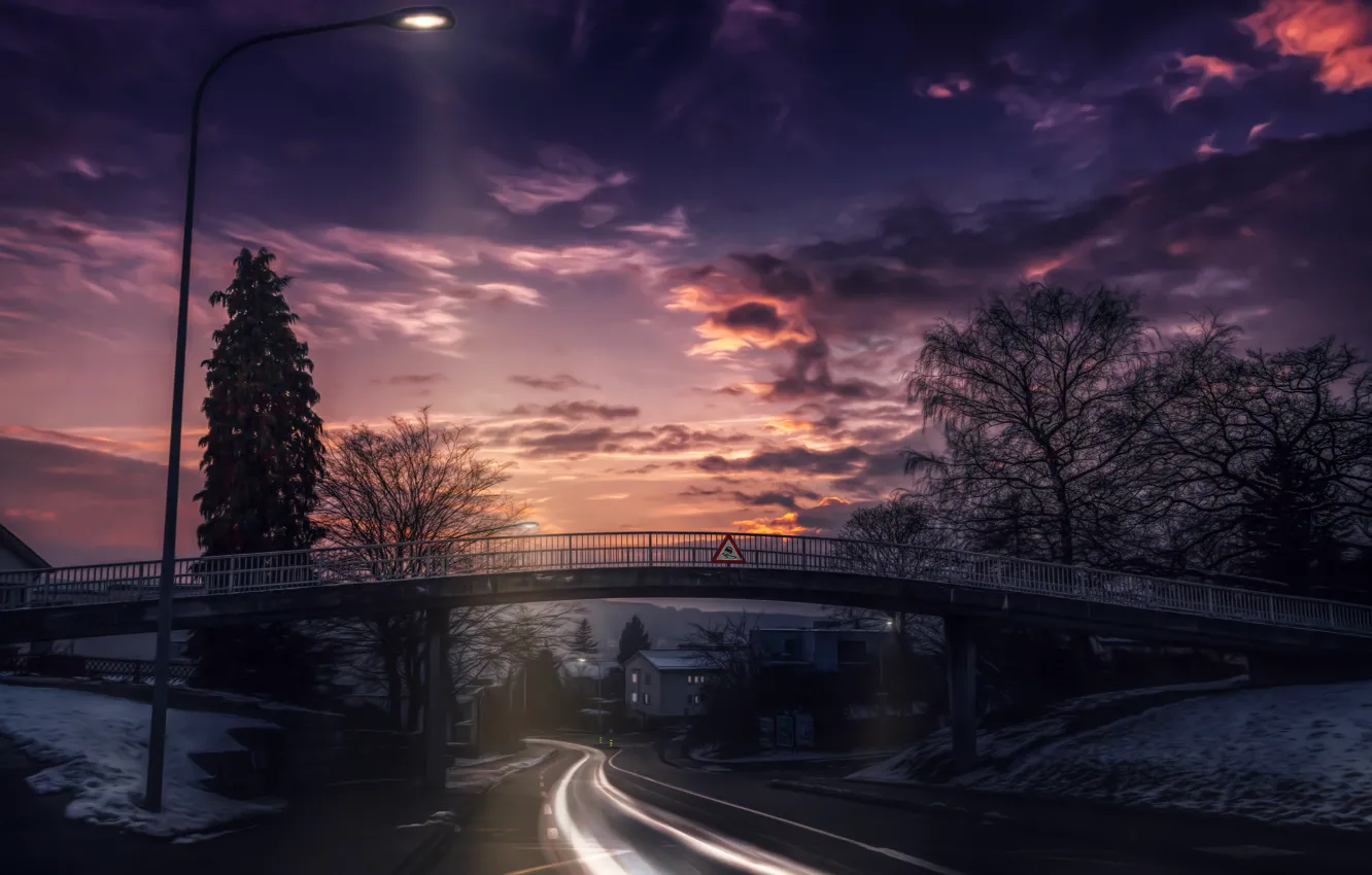 Photo wallpaper road, the sky, clouds, landscape, sunset, bridge, nature