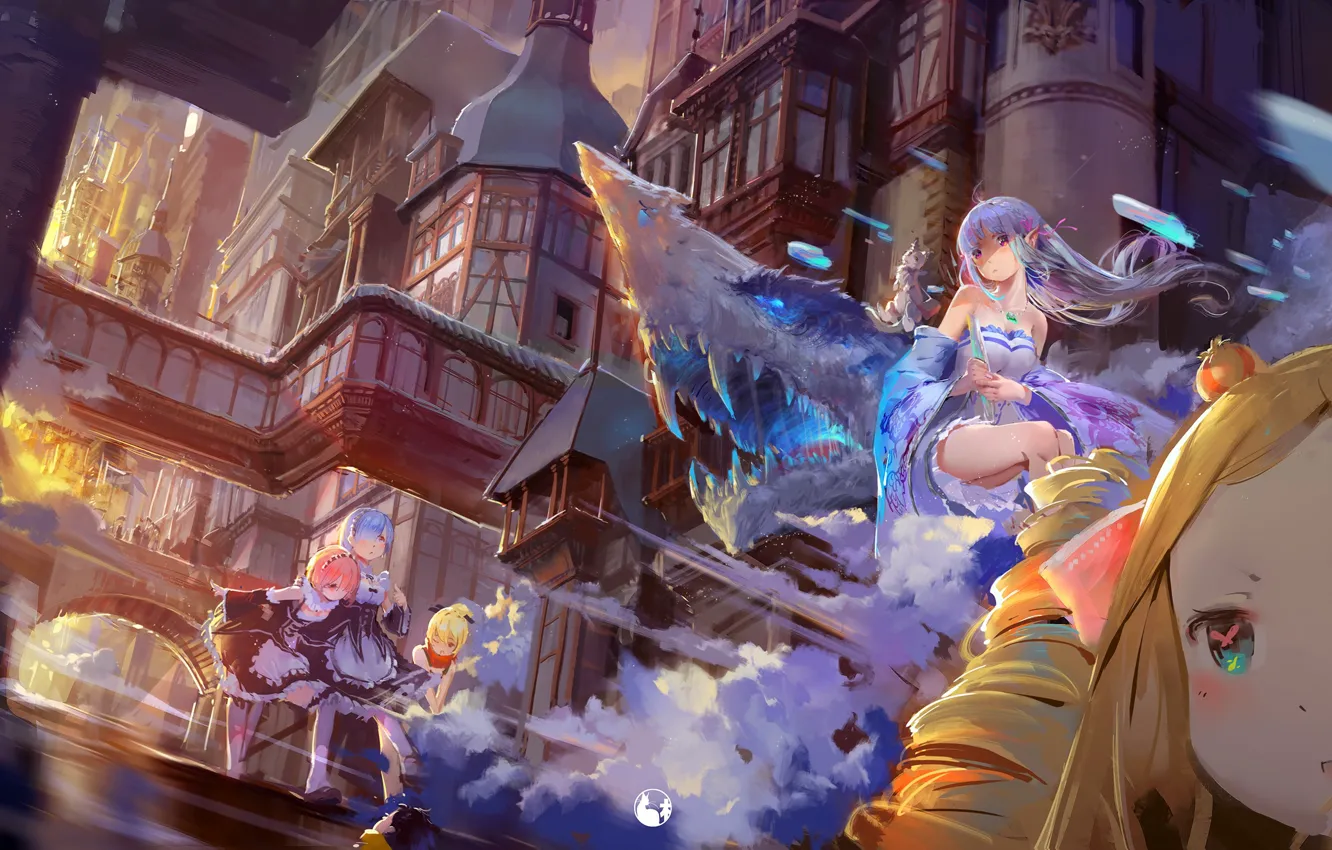 Photo wallpaper the city, dragon, sisters, Emilia, Ram, Beatrice, maids, Rem