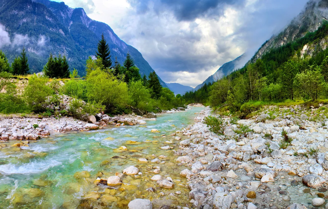 Photo wallpaper mountains, river, stones, photo