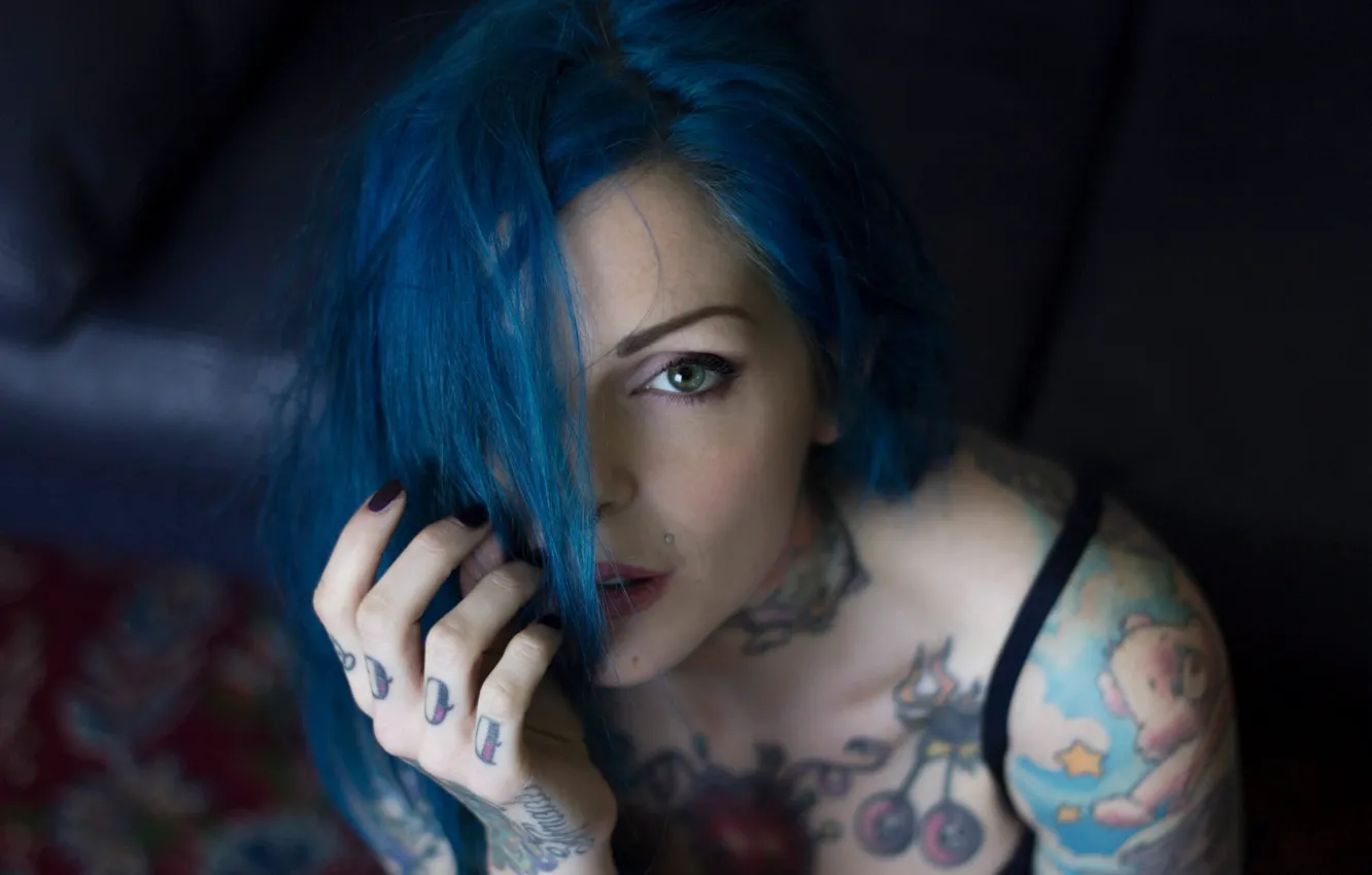 Photo wallpaper girl, model, tattoo, blue hair, tatoo, Suicide Girls, RIAE