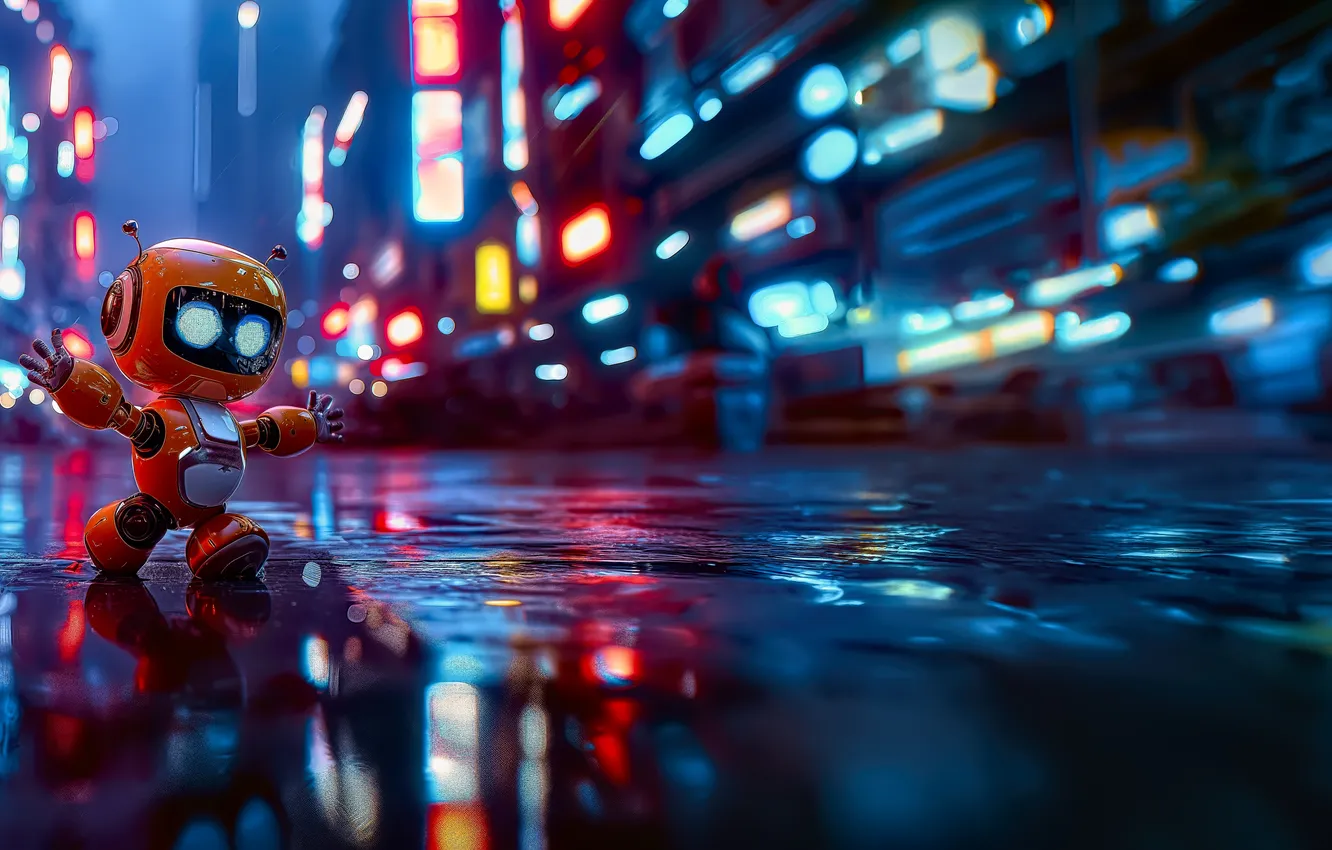 Photo wallpaper City, wallpaper, Robot, Lights, Street, Neon, Miscellaneous, Backlight