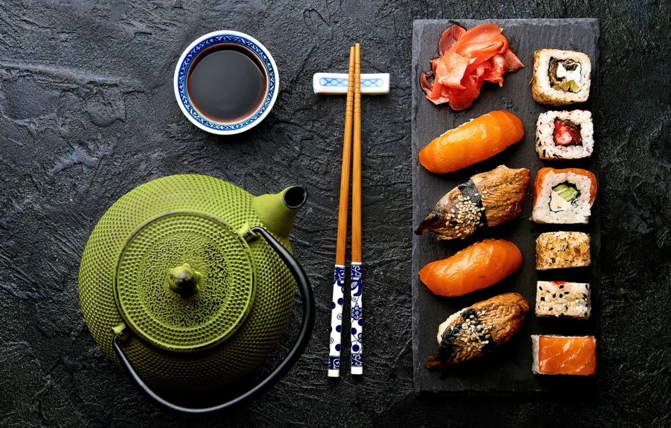 Photo wallpaper kettle, sauce, sushi, rolls