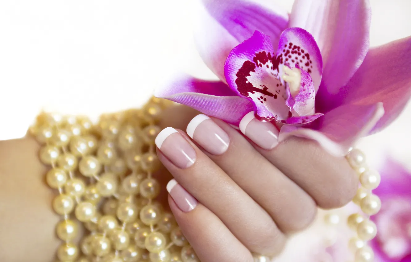 Photo wallpaper flowers, hands, pearl, fingers, manicure