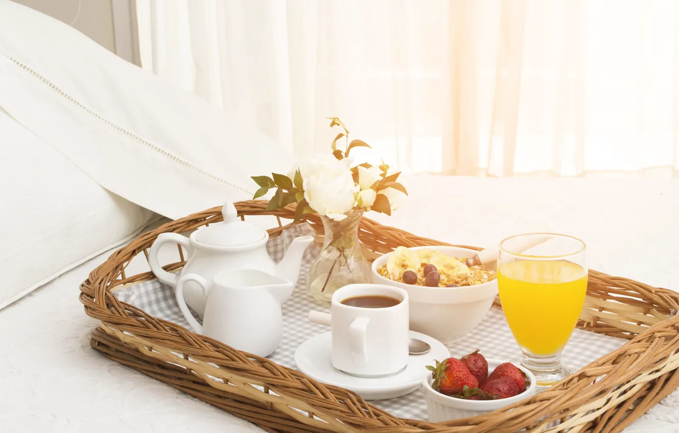 Photo wallpaper glass, photo, food, Breakfast, kettle, strawberry, juice, Cup