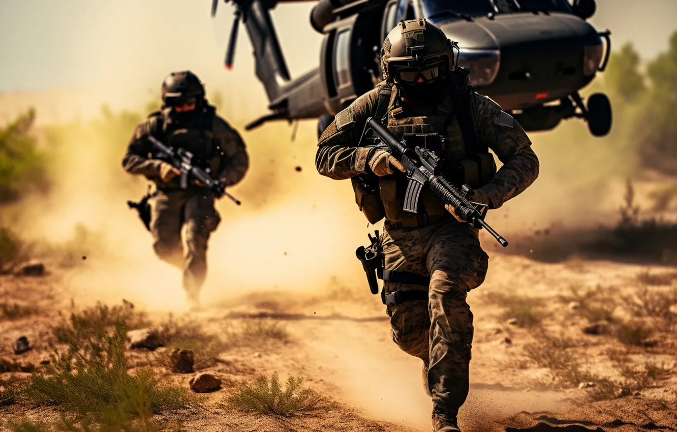 Photo wallpaper sand, dust, running, soldiers, machine, male, helicopter, two