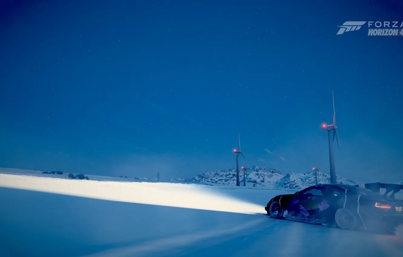 Photo wallpaper auto, snow, night, Lexus, windmills