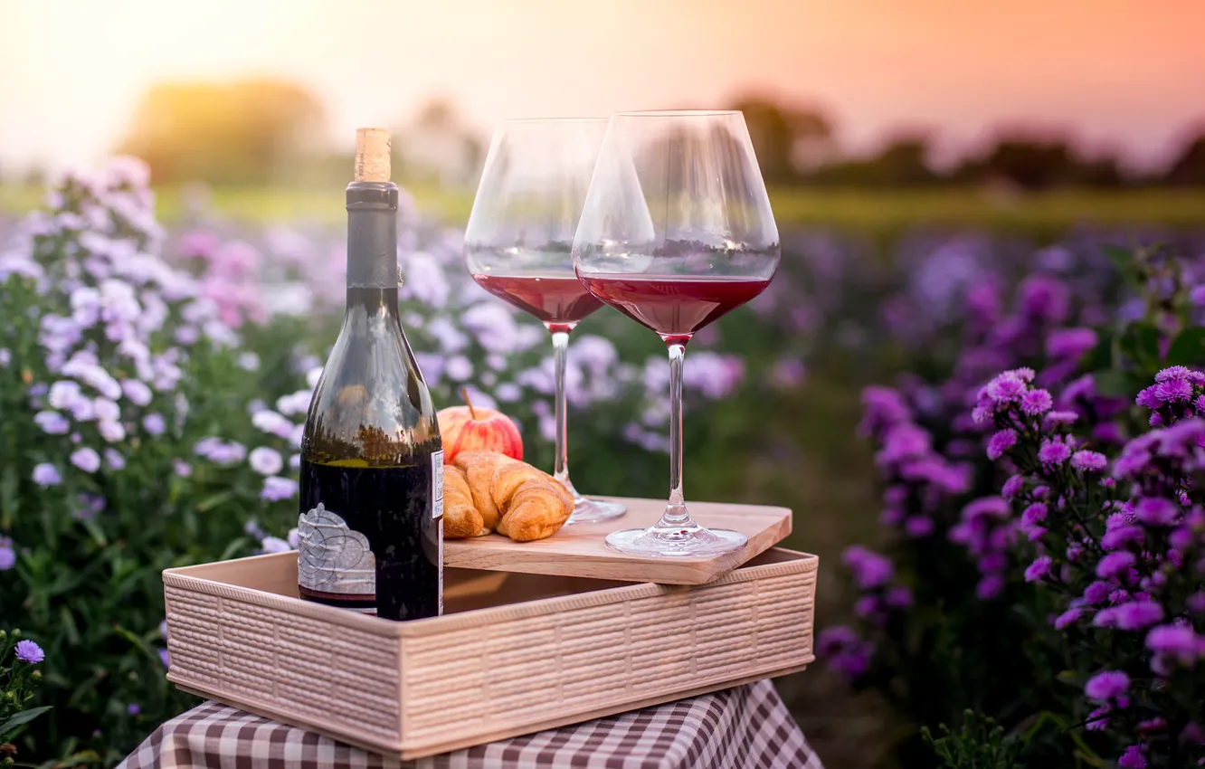 Photo wallpaper sunset, flowers, wine, romance, bottle, Apple, the evening, croissant