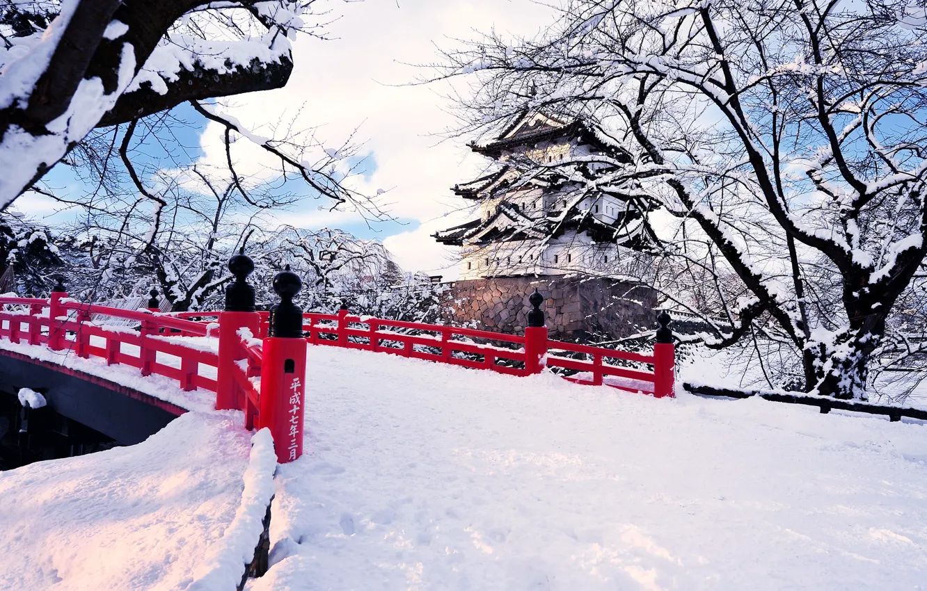 Photo wallpaper winter, snow, trees, the city, Japan, the bridge, Hirosaki, © Glenn E Waters Photography