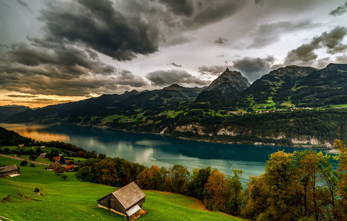 Photo wallpaper field, autumn, forest, the sky, trees, mountains, clouds, lake