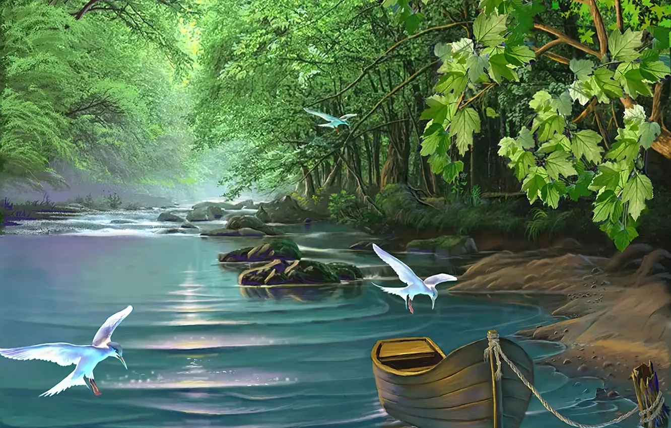 Photo wallpaper trees, boat, seagulls, art, river