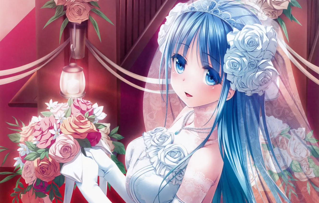 Photo wallpaper roses, bouquet, tape, neckline, gloves, the bride, veil, lace