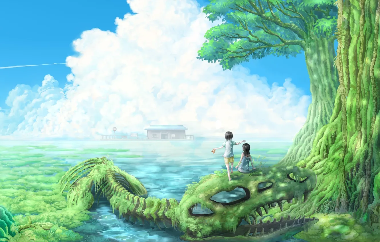 Photo wallpaper water, trees, landscape, children, thickets, art, skeleton, flooding