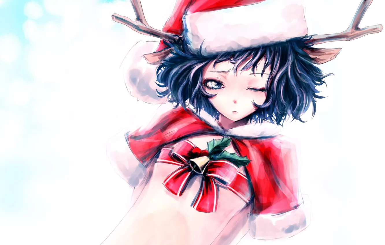 Photo wallpaper girl, holiday, hat, new year, Christmas, anime, art, belt