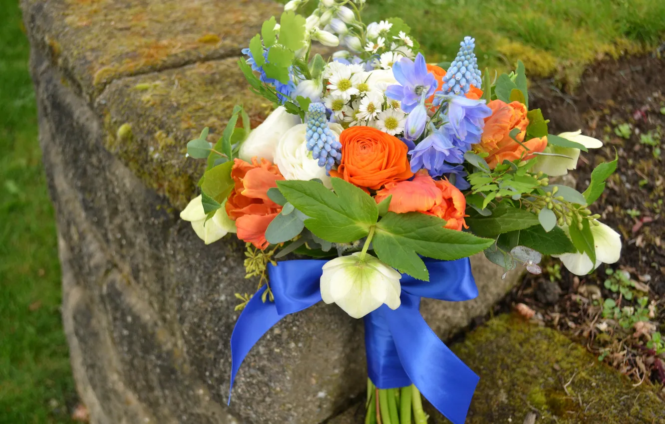 Photo wallpaper flowers, photo, roses, chamomile, bouquet, tulips, bells, bow