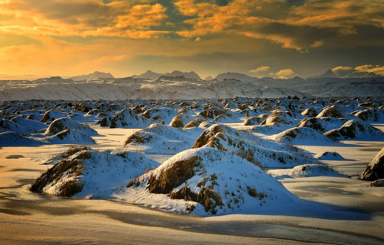 Photo wallpaper the sky, clouds, snow, landscape, mountains, hills, dunes