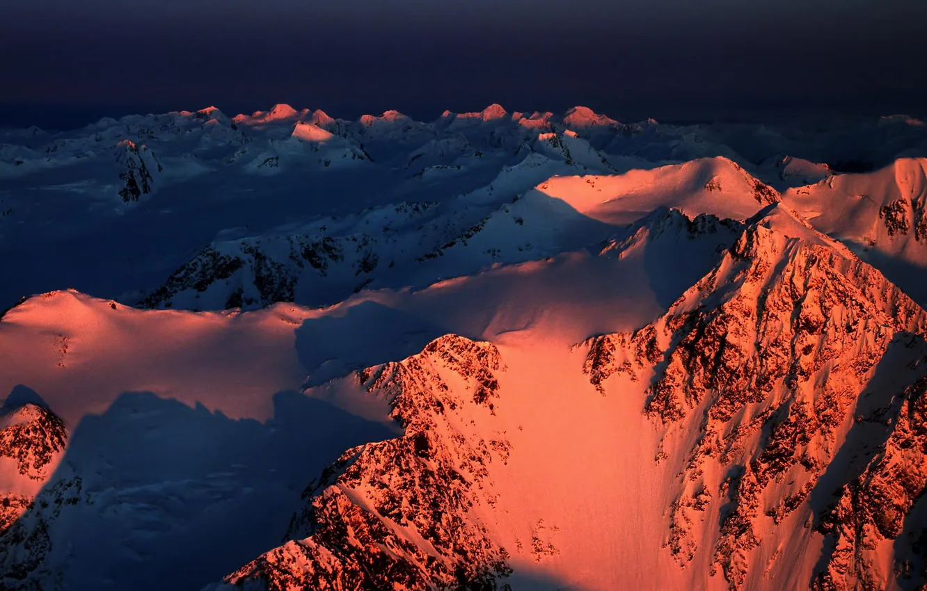 Photo wallpaper snow, landscape, mountains, dawn