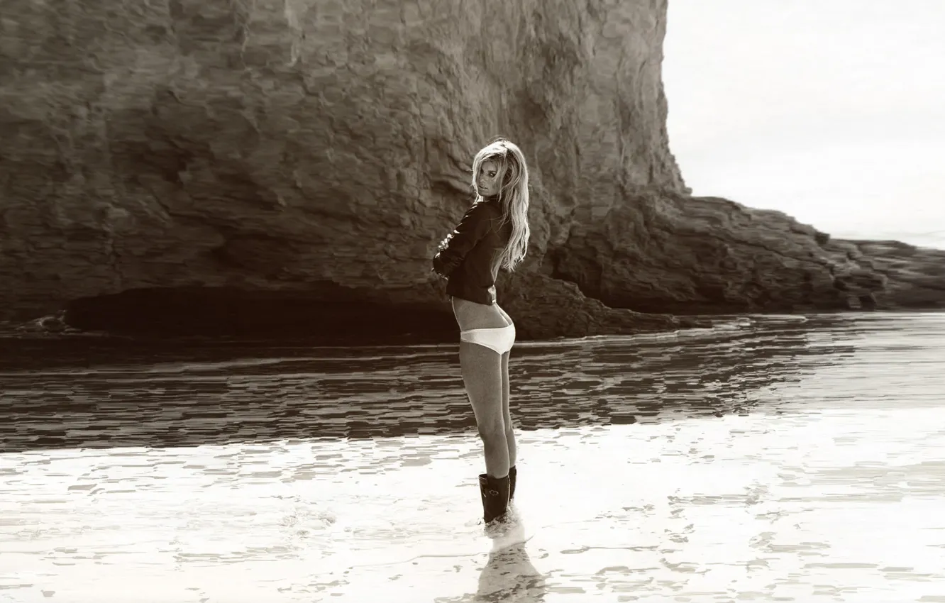 Photo wallpaper sand, wave, beach, water, shore, figure, Marisa Miller, Marisa Miller