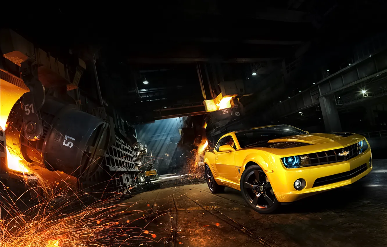 Photo wallpaper Chevrolet, Muscle, Camaro, Car, Front, Yellow, Bumblebee, Sparks