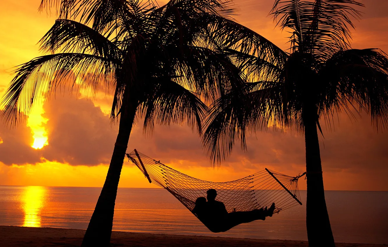Photo wallpaper relax, girl, beach, twilight, sky, trees, sea, sunset