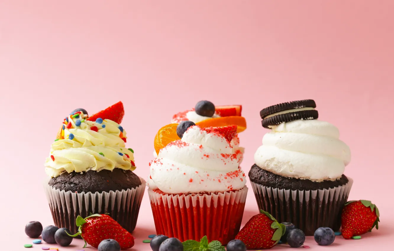 Photo wallpaper berries, cream, dessert, cakes, fruit, cupcakes, cupcakes