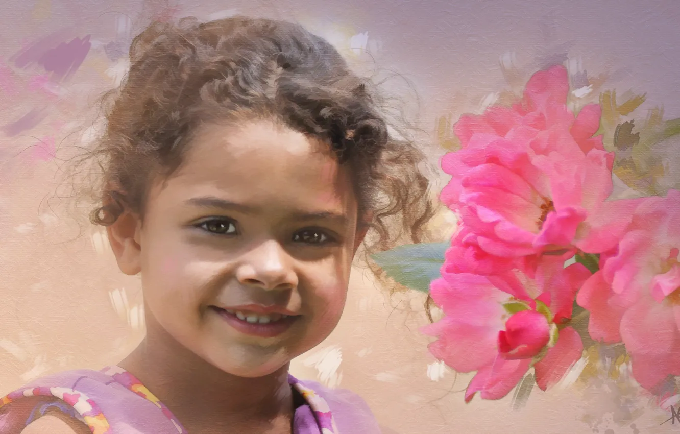 Photo wallpaper smile, roses, girl, curls