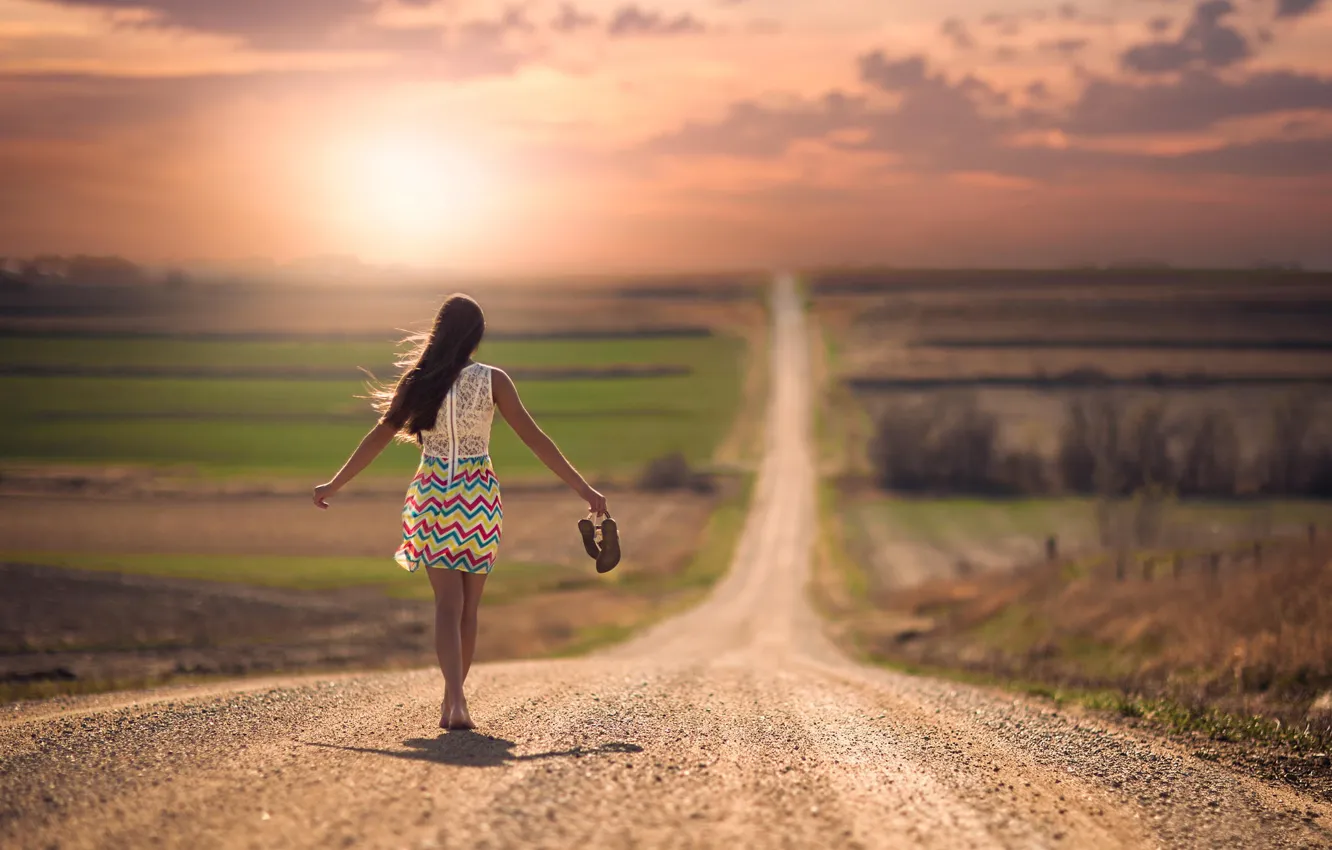 Photo wallpaper road, girl, space, barefoot