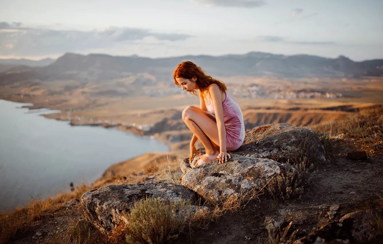 Photo wallpaper girl, stones, view, legs, curls