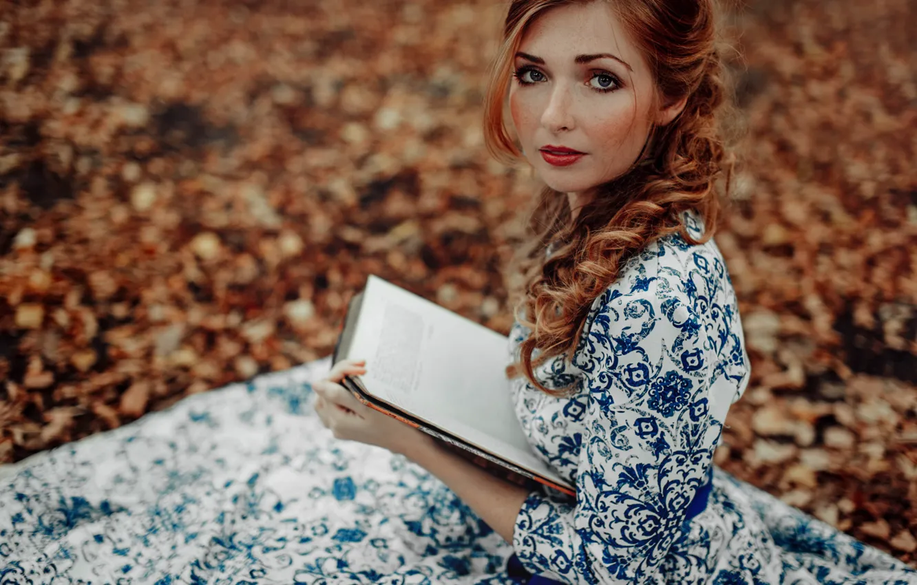 Photo wallpaper autumn, look, girl, dress, book, red, curls