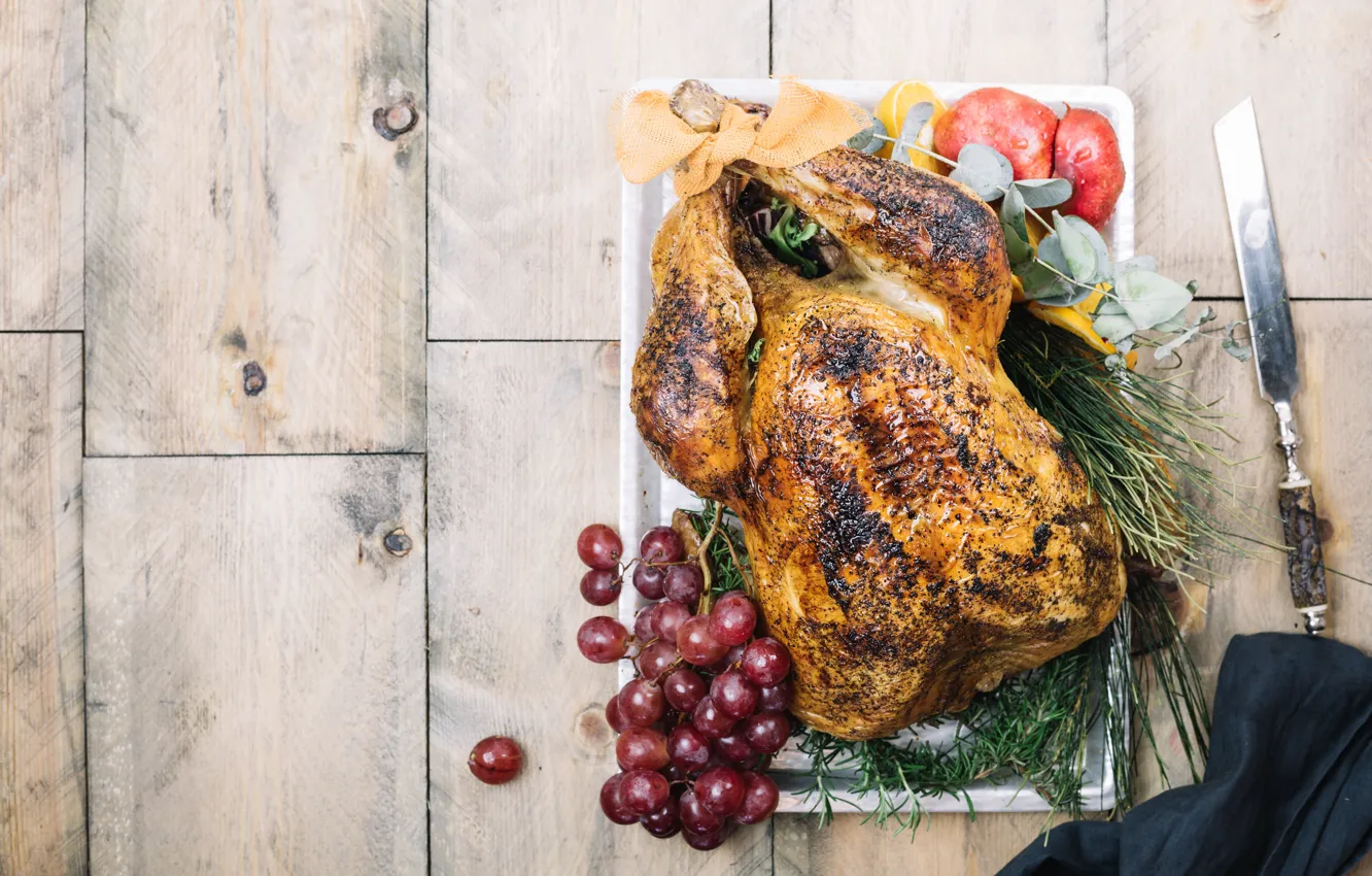 Photo wallpaper Board, food, chicken, grapes, delicious