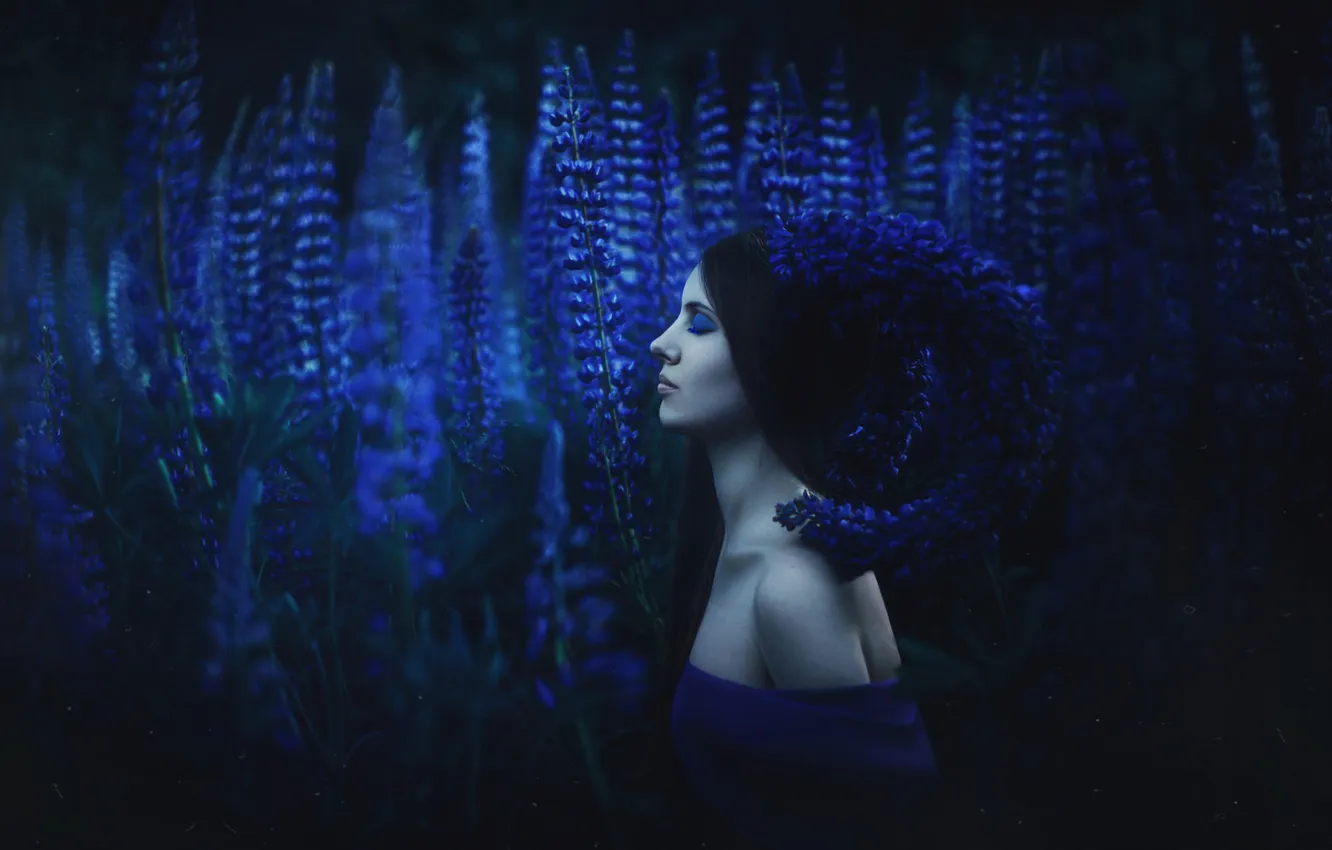 Photo wallpaper girl, flowers, style, horns, cosplay, nymph, lupins, Eva Wald