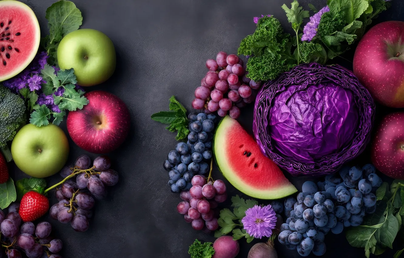 Photo wallpaper apples, watermelon, grapes, AI art, neural network