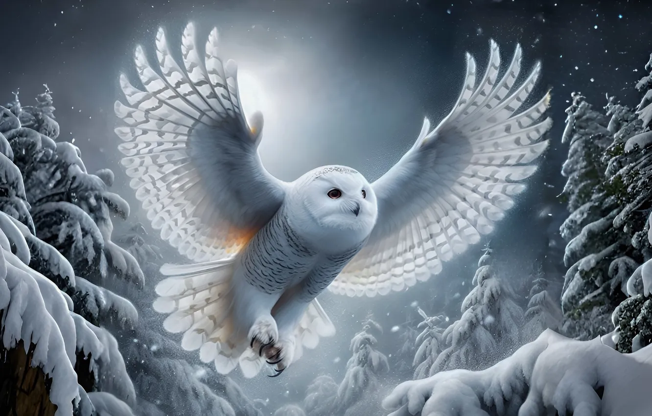 Photo wallpaper winter, forest, white, snow, flight, night, owl, bird