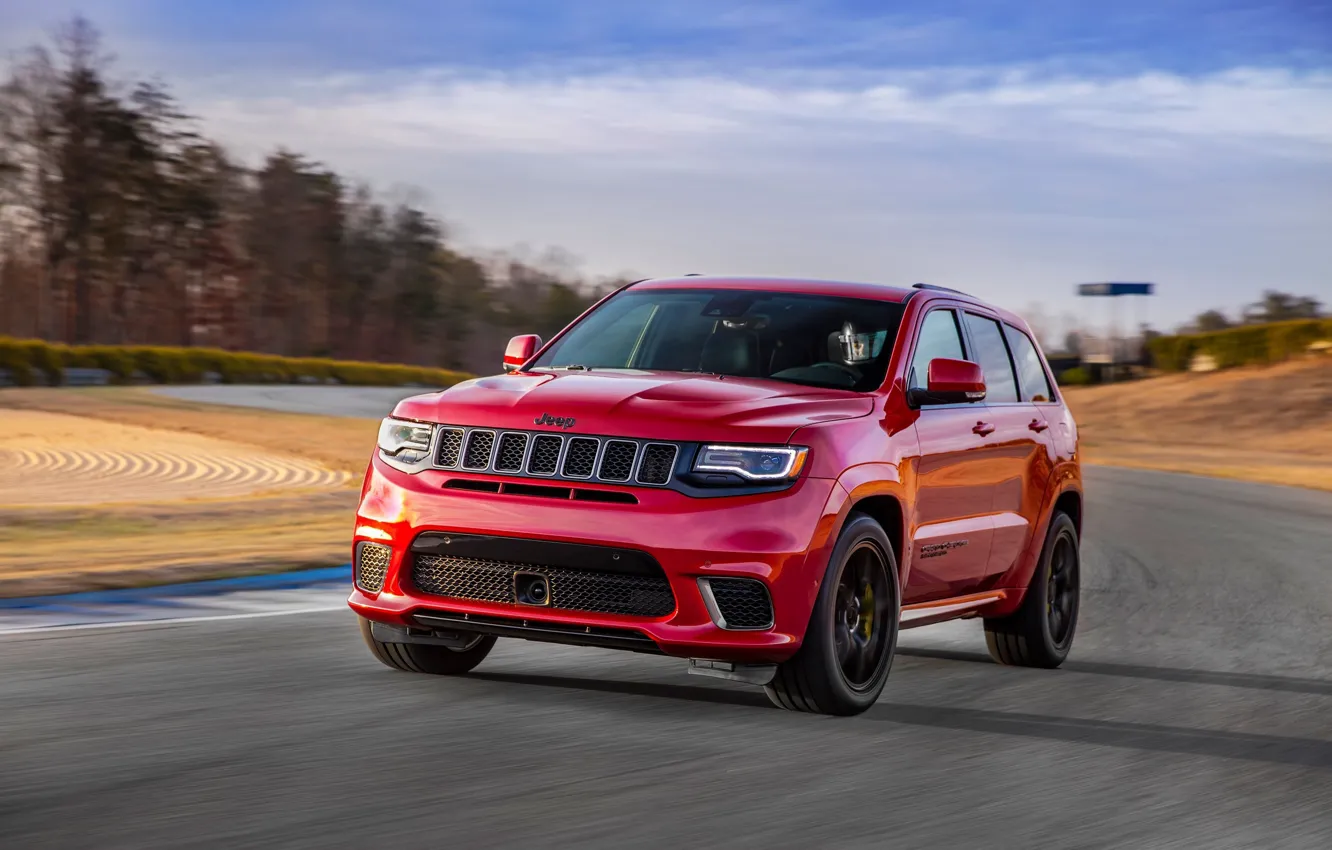 Photo wallpaper car, red, speed, Jeep, Cherokee, Jeep Grand Cherokee Trackhawk, Grand Cherokee Trackhawk