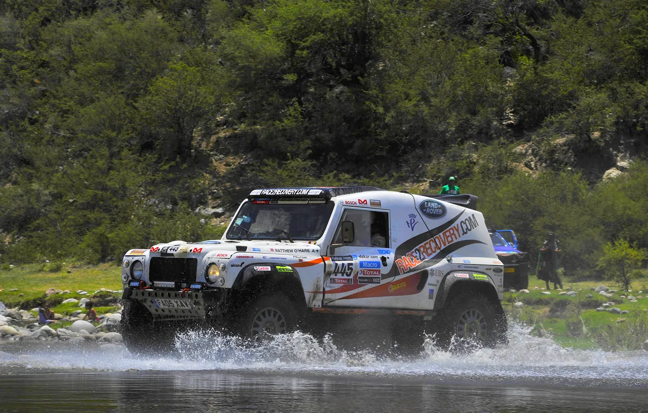 Photo wallpaper Water, Auto, White, Sport, Squirt, Land Rover, Rally, Dakar