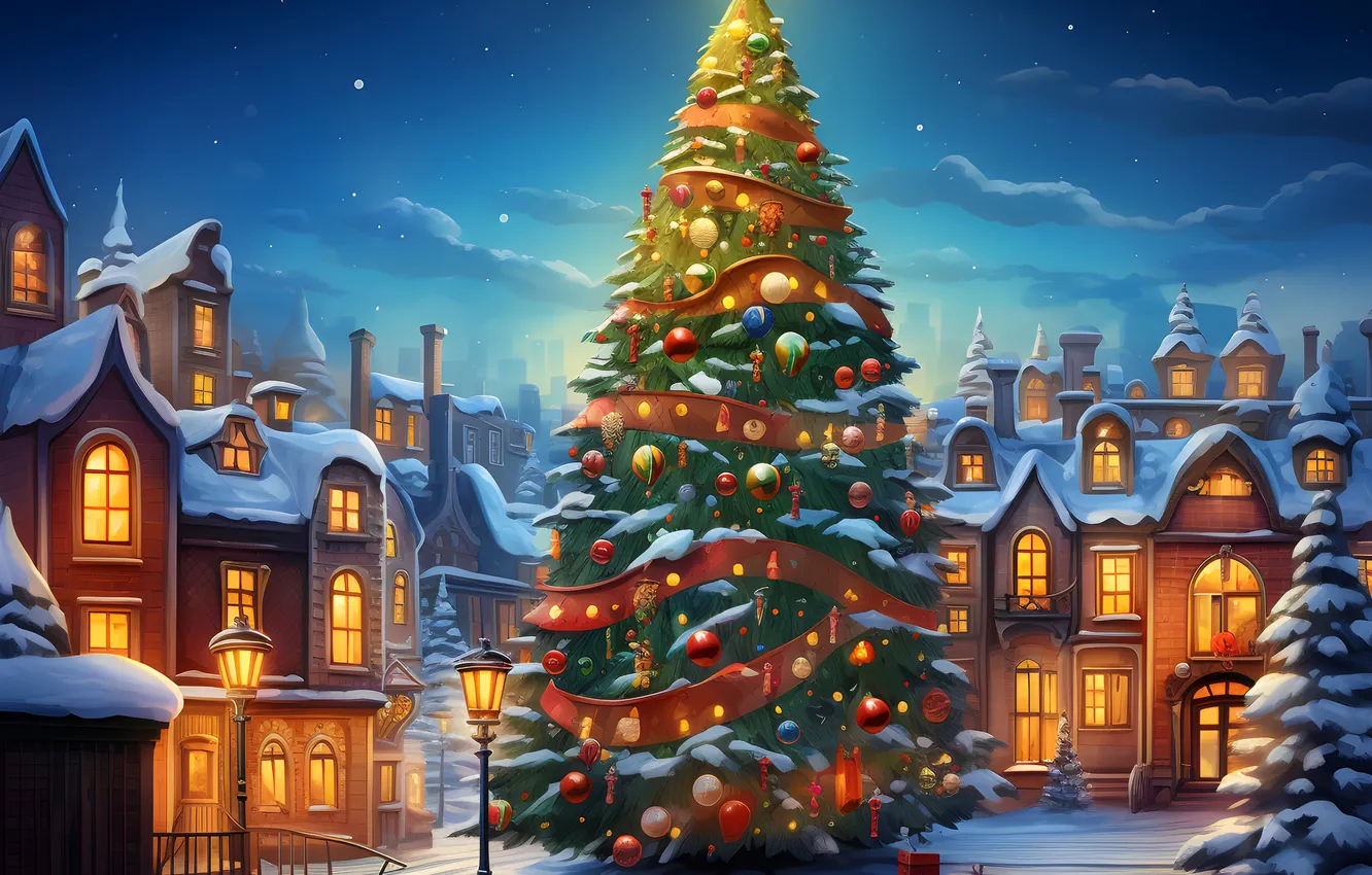 Photo wallpaper winter, snow, gift, toy, tree, new year, home, the evening