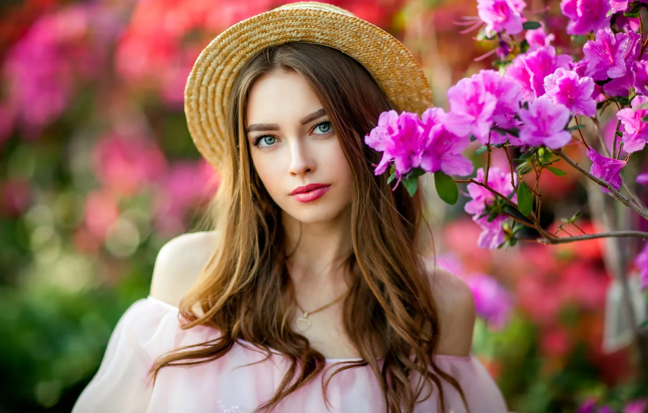 Photo wallpaper look, sweetheart, hat, long hair, pretty, lips, brunette, face