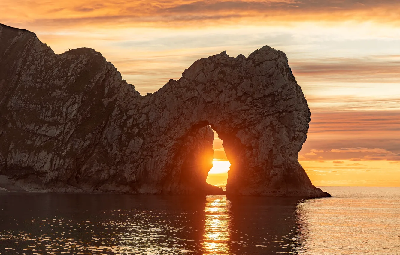 Photo wallpaper light, arch, sea, pond, sunset, rocks