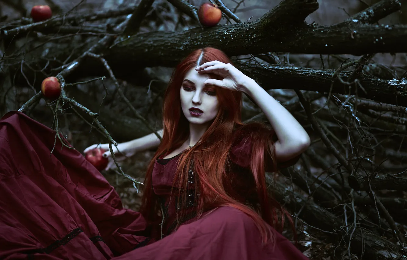 Photo wallpaper girl, branches, pose, style, apples, makeup, fantasy, image