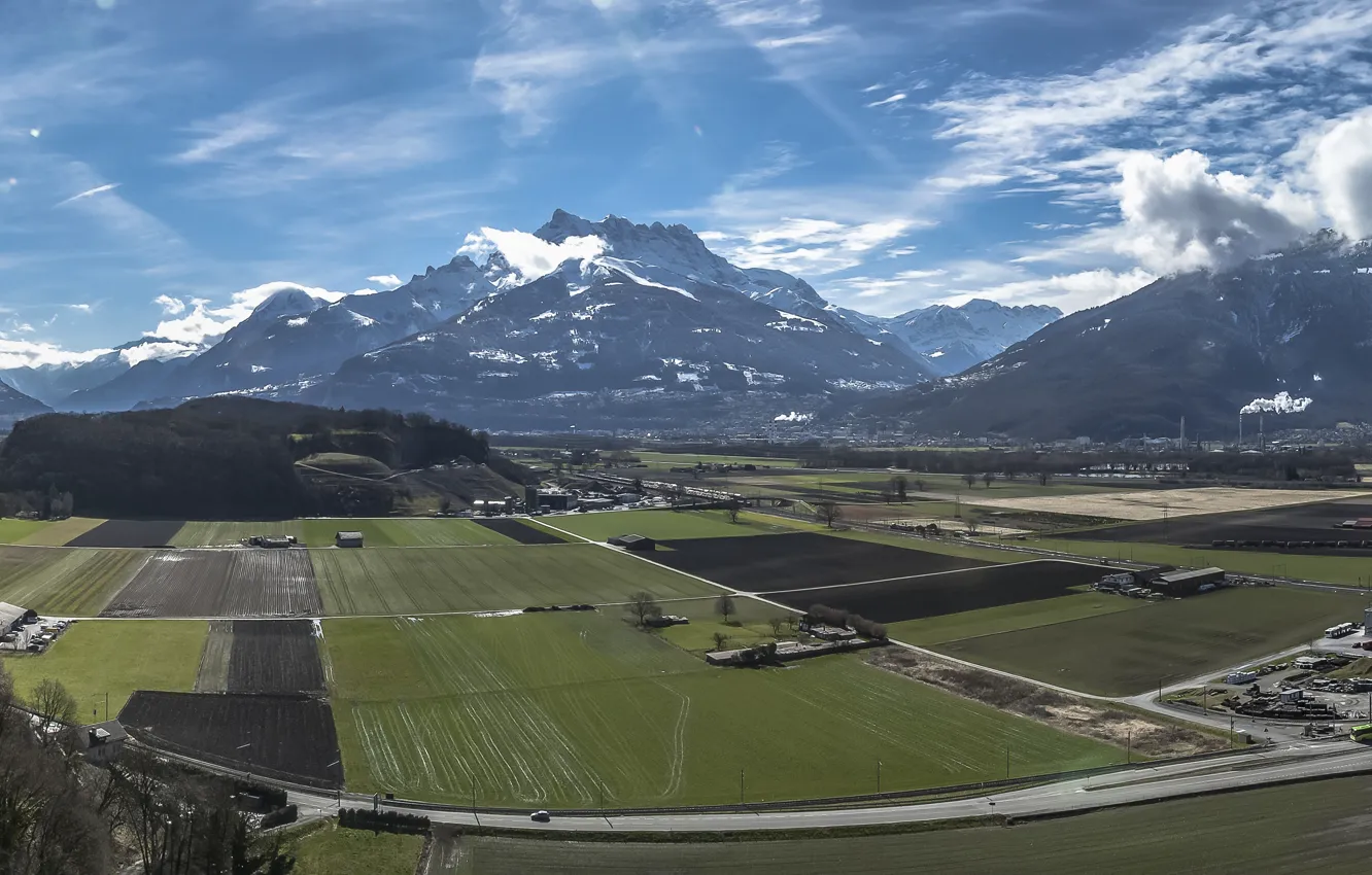 Photo wallpaper mountains, field, Switzerland, Switzerland, panorama