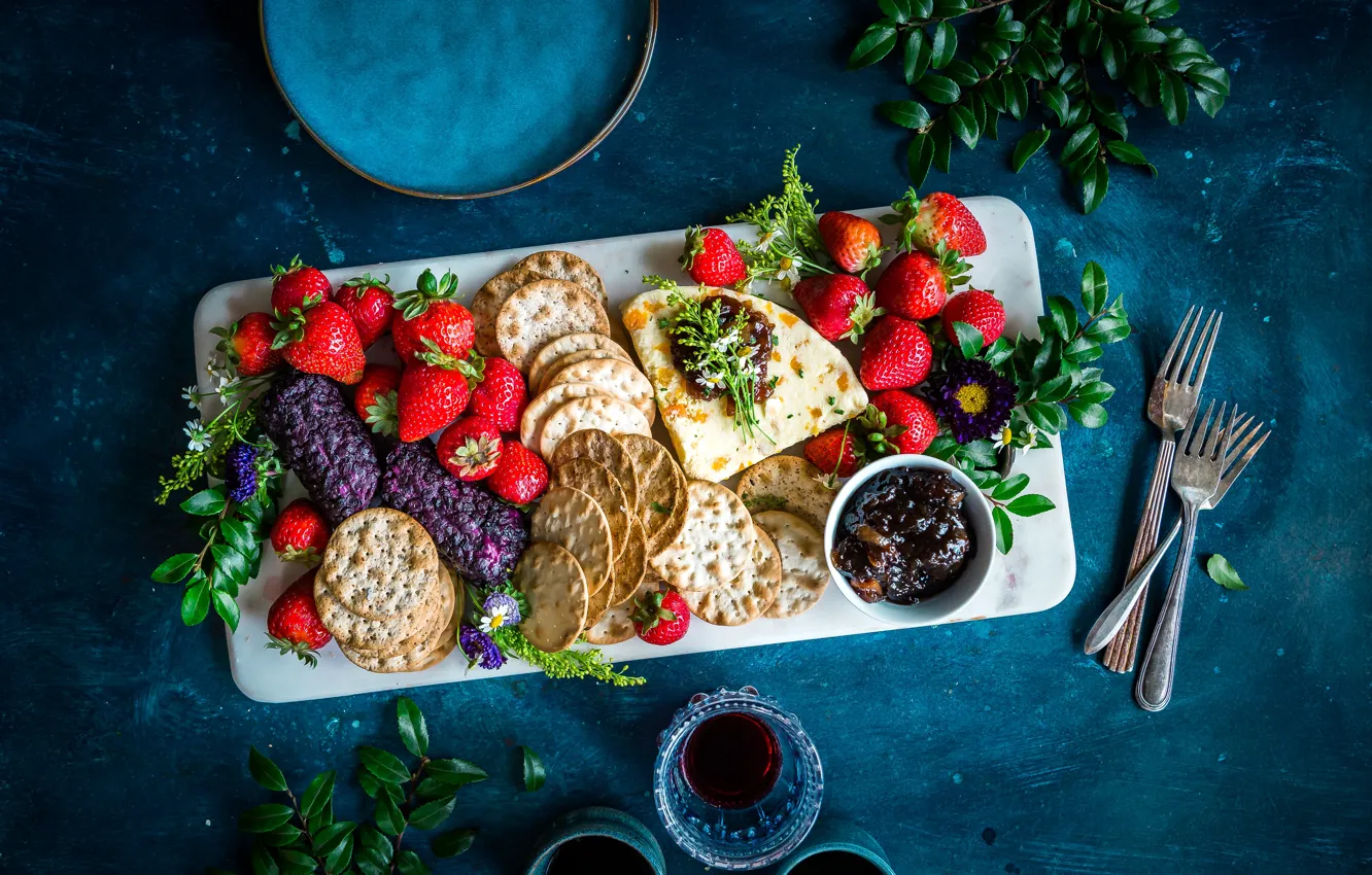 Photo wallpaper berries, food, cheese, cookies, strawberry, wine, berries, cheese