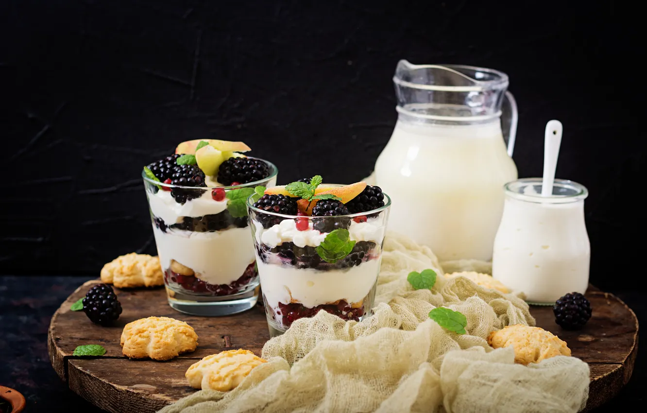 Photo wallpaper berries, Breakfast, cookies, fruit, yogurt