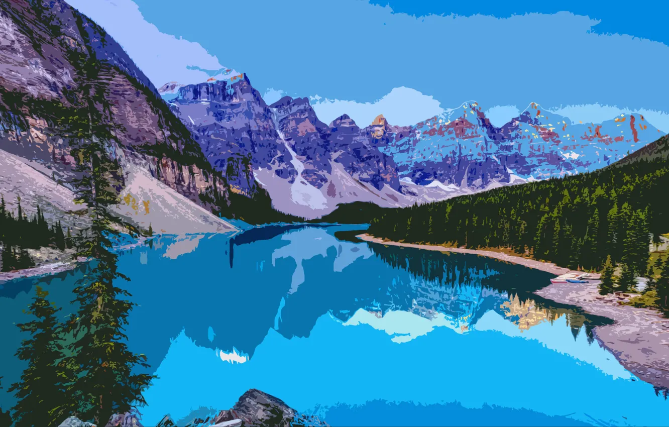 Photo wallpaper trees, mountains, river, spruce, painting, valley of the ten peaks., ten peaks