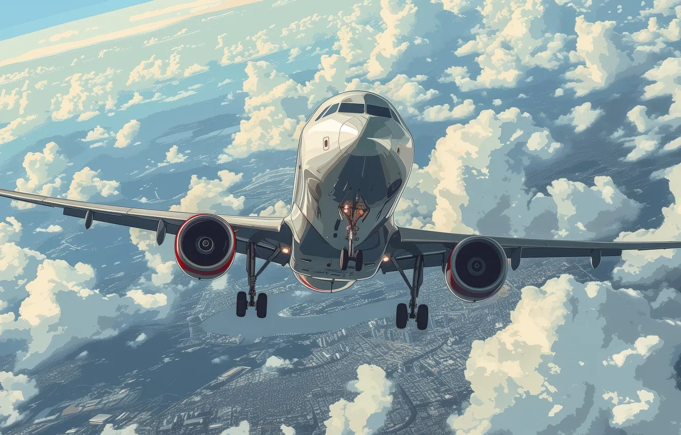 Photo wallpaper clouds, art, the plane, liner, the rise