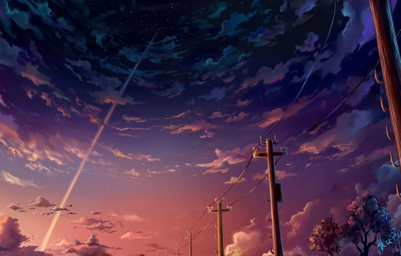 Photo wallpaper the sky, stars, clouds, trees, landscape, posts