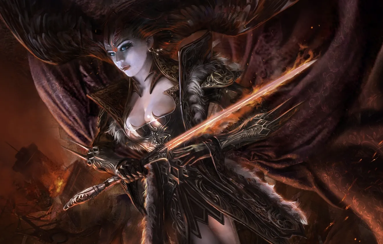 Photo wallpaper girl, magic, sword, armor, cloak