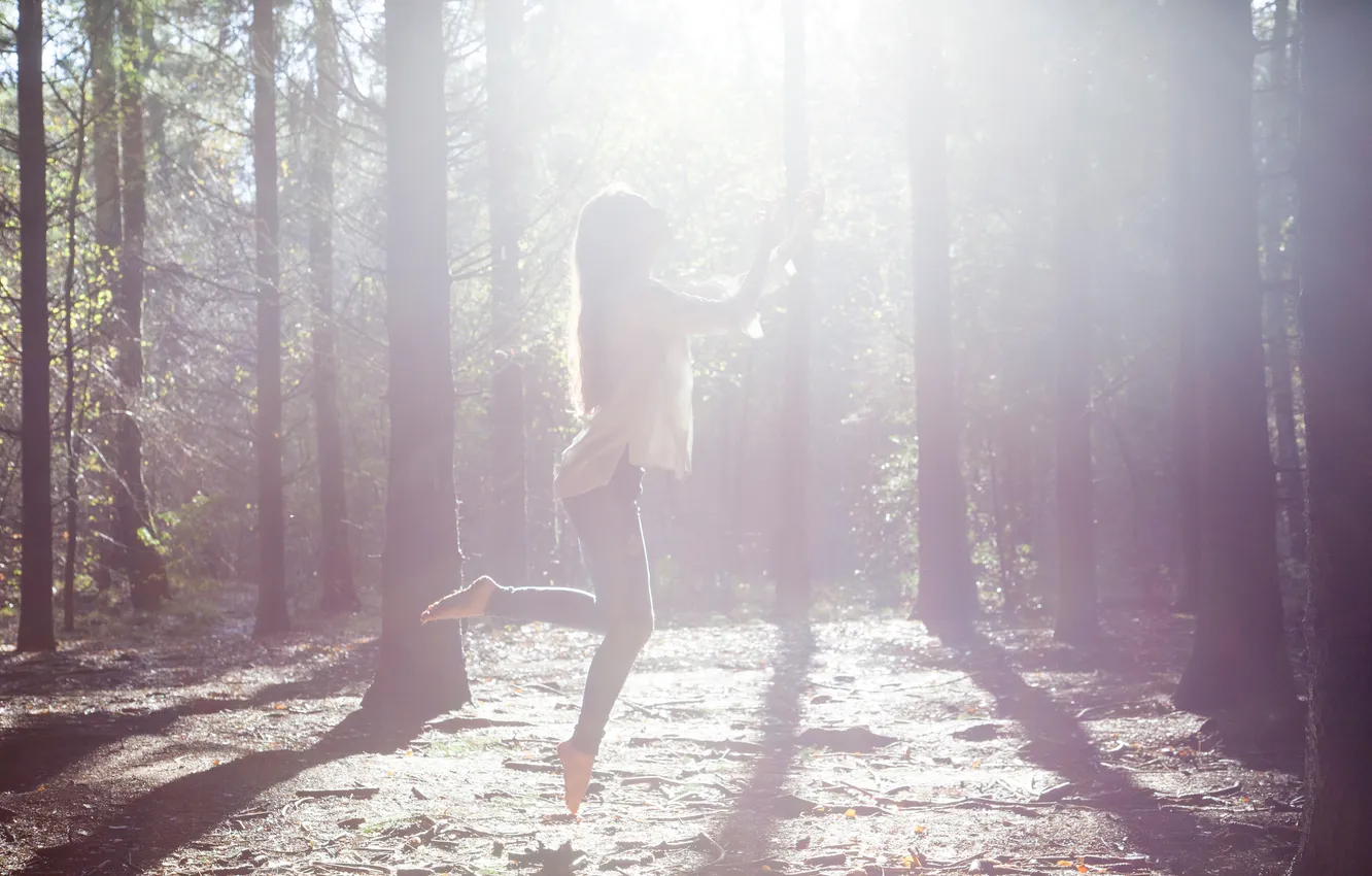 Photo wallpaper forest, girl, light, trees, jump