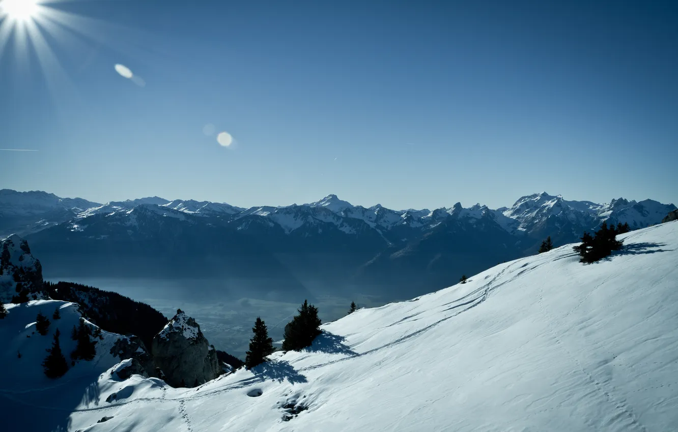Photo wallpaper the sun, snow, mountains, height, Switzerland, Leysin Kuklos