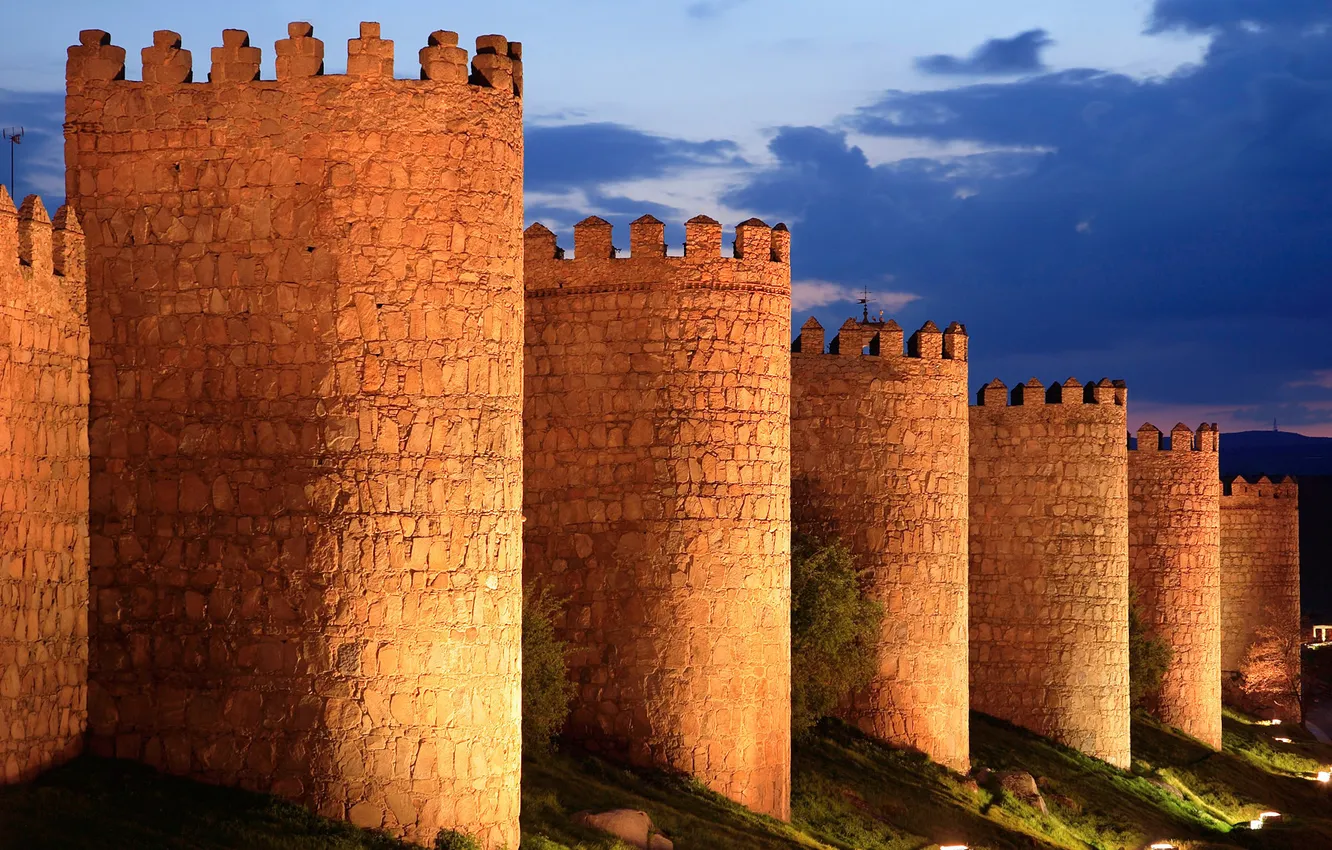 Photo wallpaper the sky, clouds, light, night, lights, tower, fortress