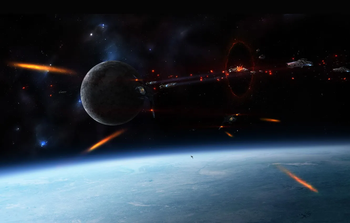 Photo wallpaper space, stars, the explosion, planet, battle, the battle, spaceships, spaceships